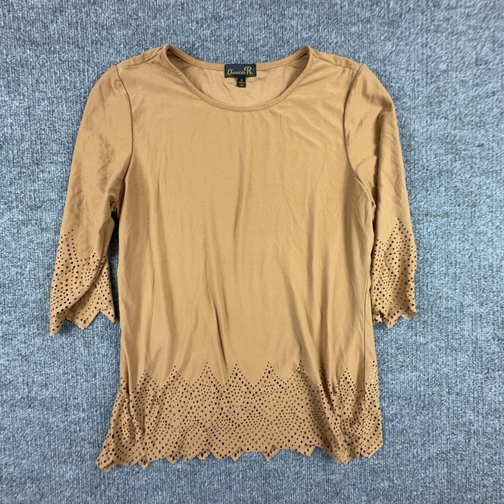 Chances R Blouse Womens Small Brown Scoop Neck 3/4 Sleeve Eyelet Tunic Top Knit